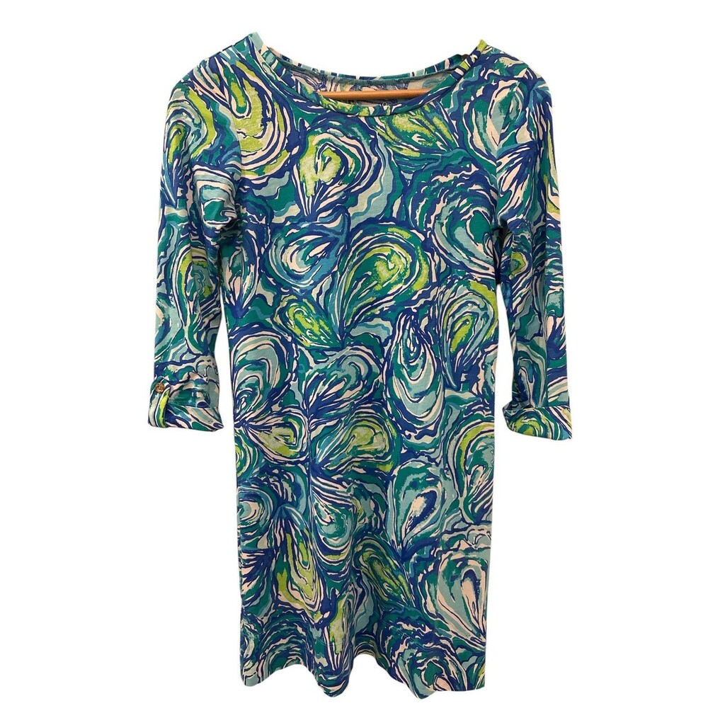 Lily Pulitzer Women’s Linden Cotton Dress XS Blue Green EUC oh Shucks Print
